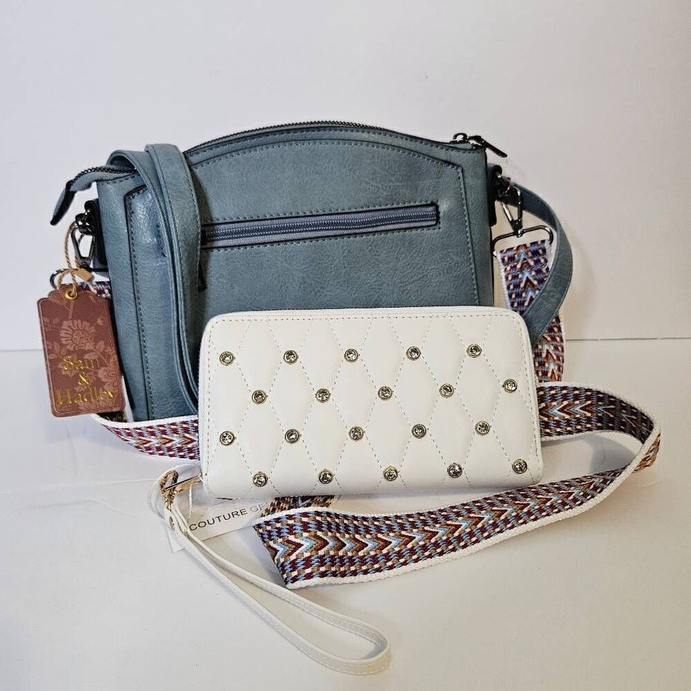 Sam & Hadley blue gray purse with a Couture Gems white wristlet/wallet. Both are